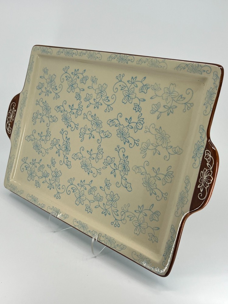 Temptations by Tara Blue Floral Lace Rectangular Serving Tray Platter 15.5"L