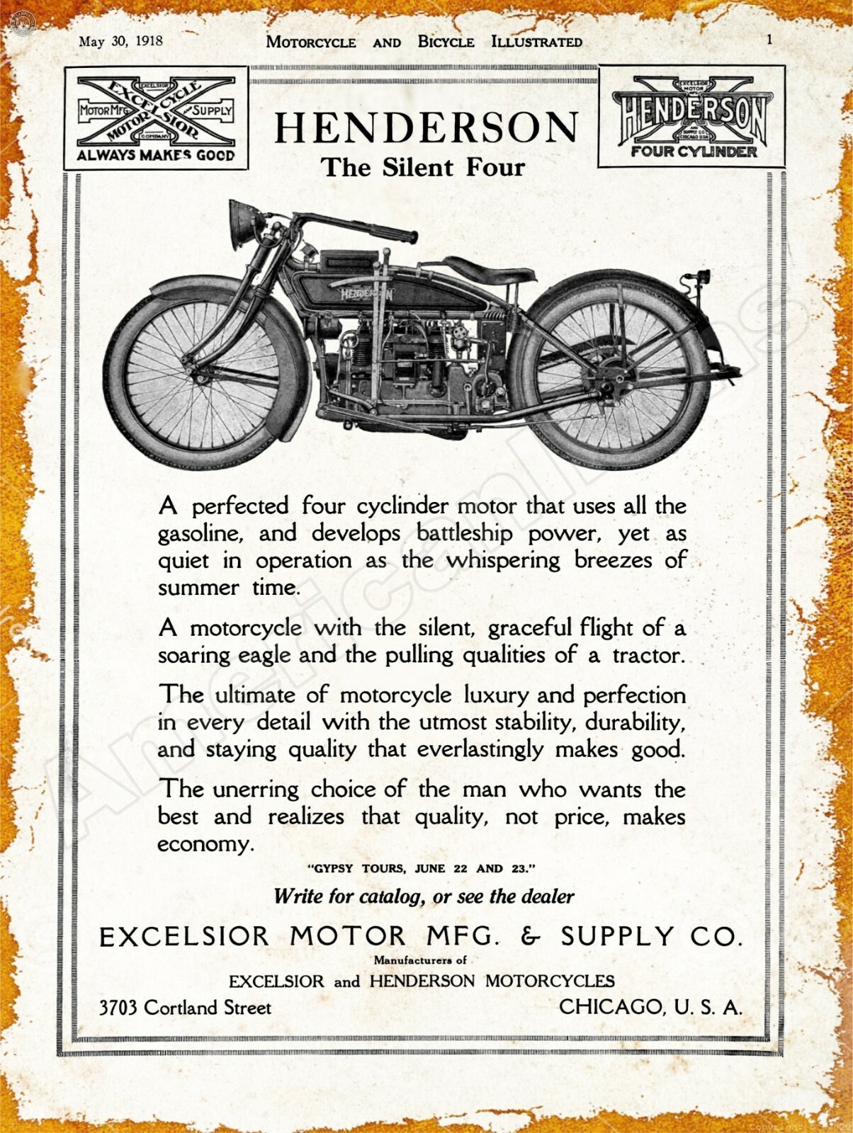 1918 Excelsior Motorcycles Henderson Silent 4 New Metal Sign: Chicago, Illinois