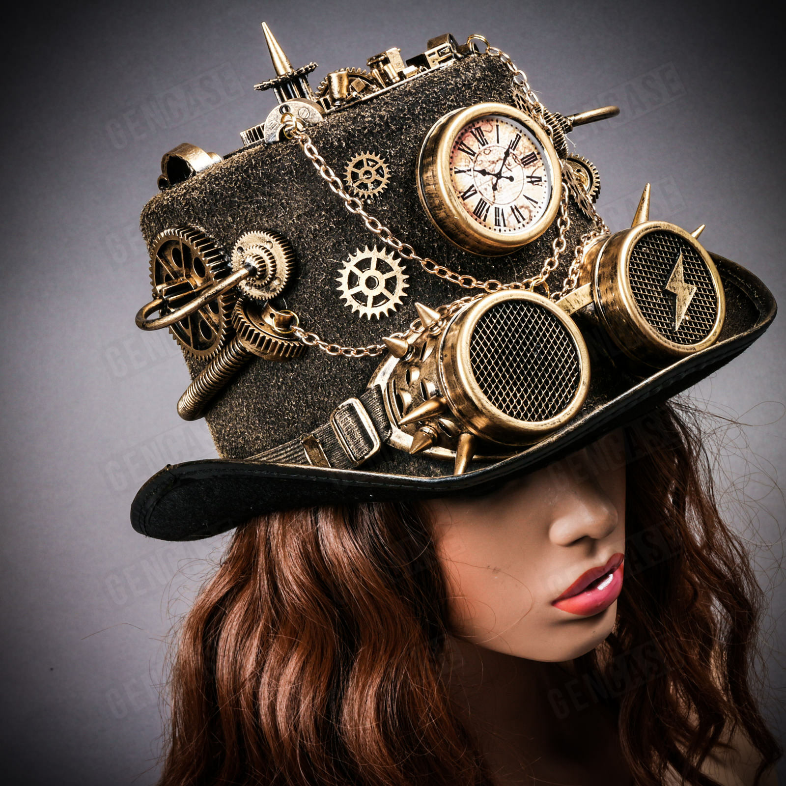 NEW Black Gold Gothic Top Hat Halloween w/ Clock Spike Costume Steampunk Goggles