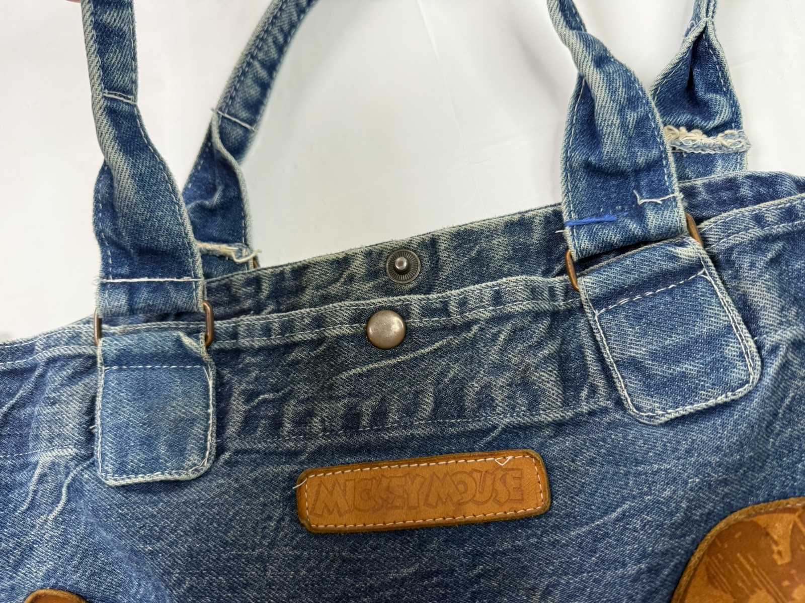 Vtg Mickey Mouse Denim Bag Purse Brown Leather Pouches 90s Disney Core Disneyana
