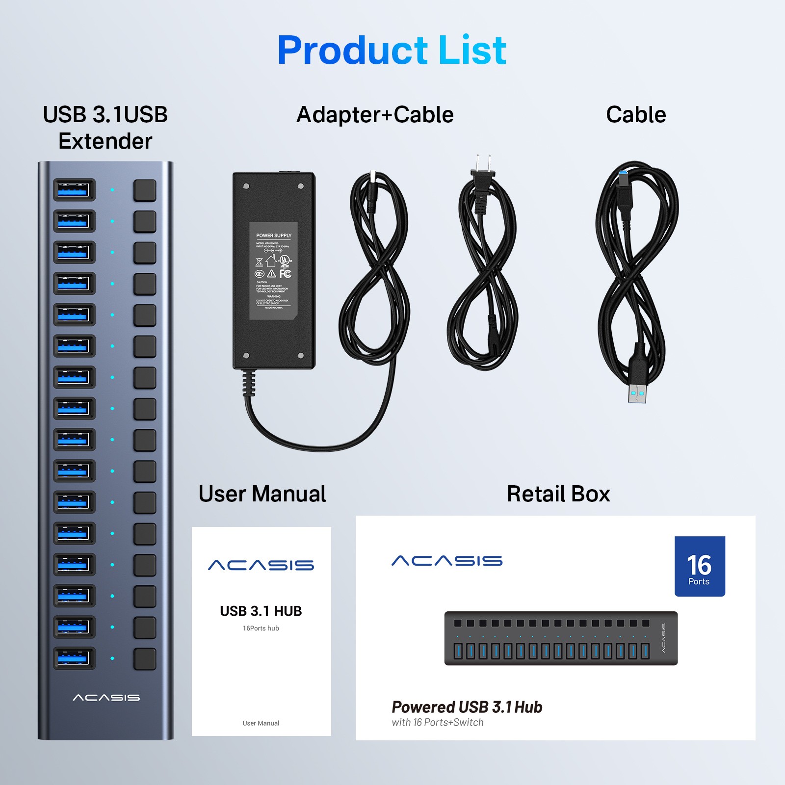 Acasis USB 3.1 Hub 10Gbps 16 Port On/Off Switch with AC Power Adapter for Laptop