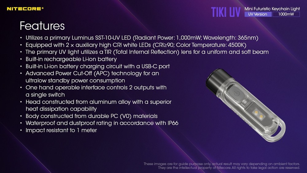 NITECORE TIKI UV Rechargeable Keychain Light Mini UV Flashlight High CRI Torch