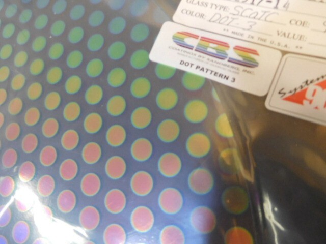 Dichroic Glass:CBS 96 COE Dot #3 Pattern on Rainbow Thin Clear - 3"Sq