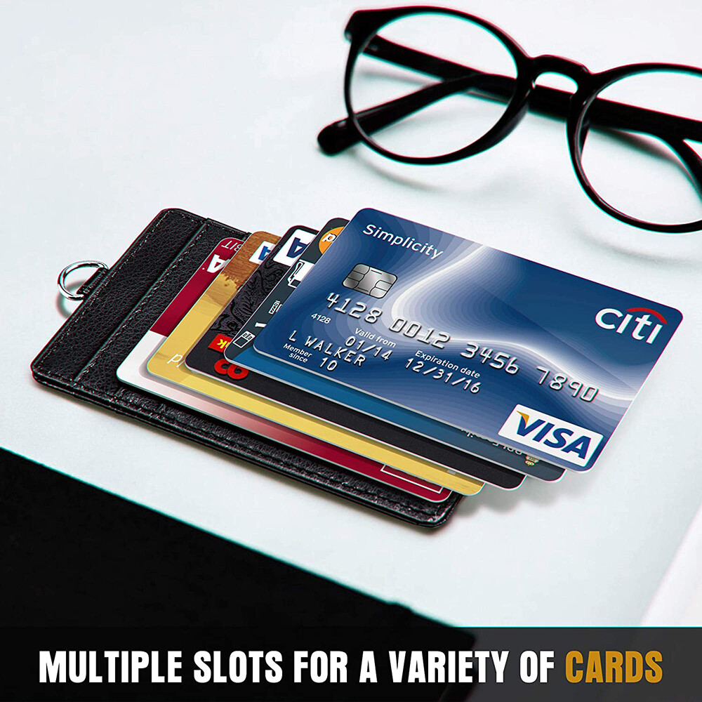 Leather ID Card Holder Vertical badge Wallet Multiple Slots Neck Strap Lanyard