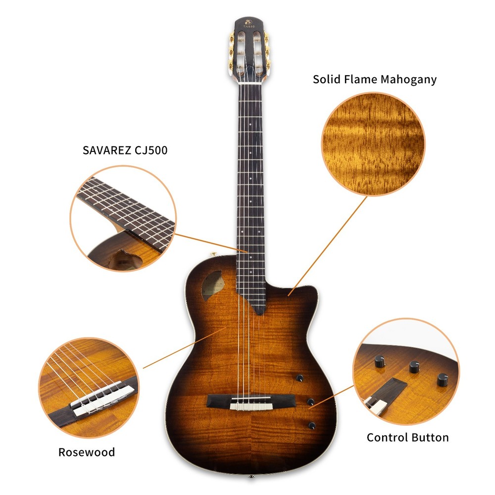 Silent Classical Guitar, Solid Flame Mahogany top Solid Mahogany Body, 22 Frets