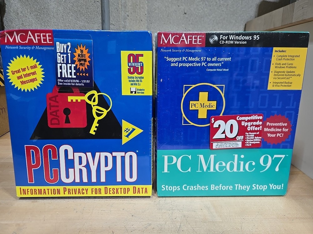 Vintage McAfee Lot 2 Pack PC Crypto + PC Medic 97 CD Computer Software 90s NEW