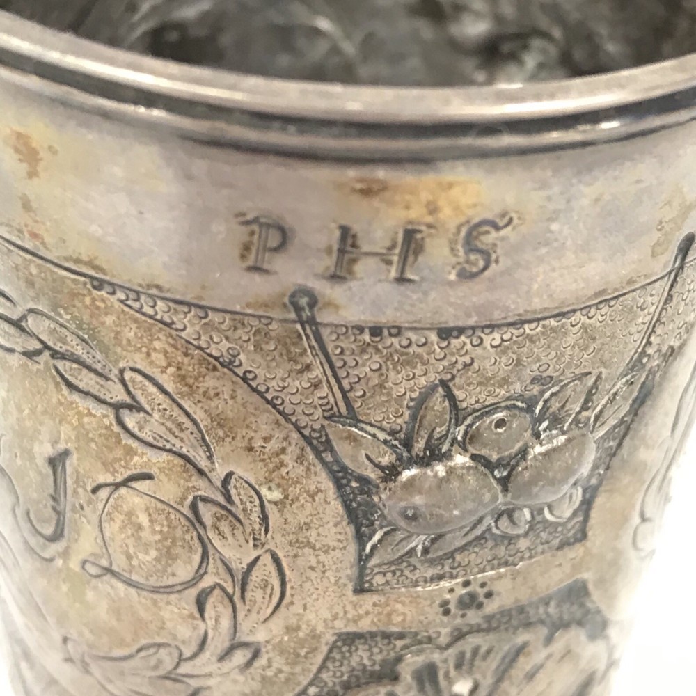 Antique 18th C German Embossed Silver Beaker “PHS” Possibly Andreas Lobenschrot