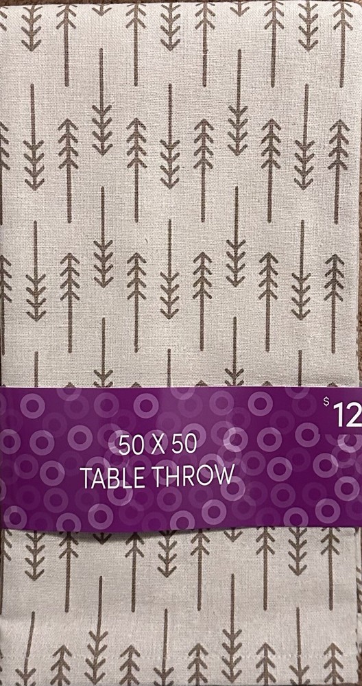 NWT, PopShelf 50”x50” Table Throw; Beige with Brown Arrows