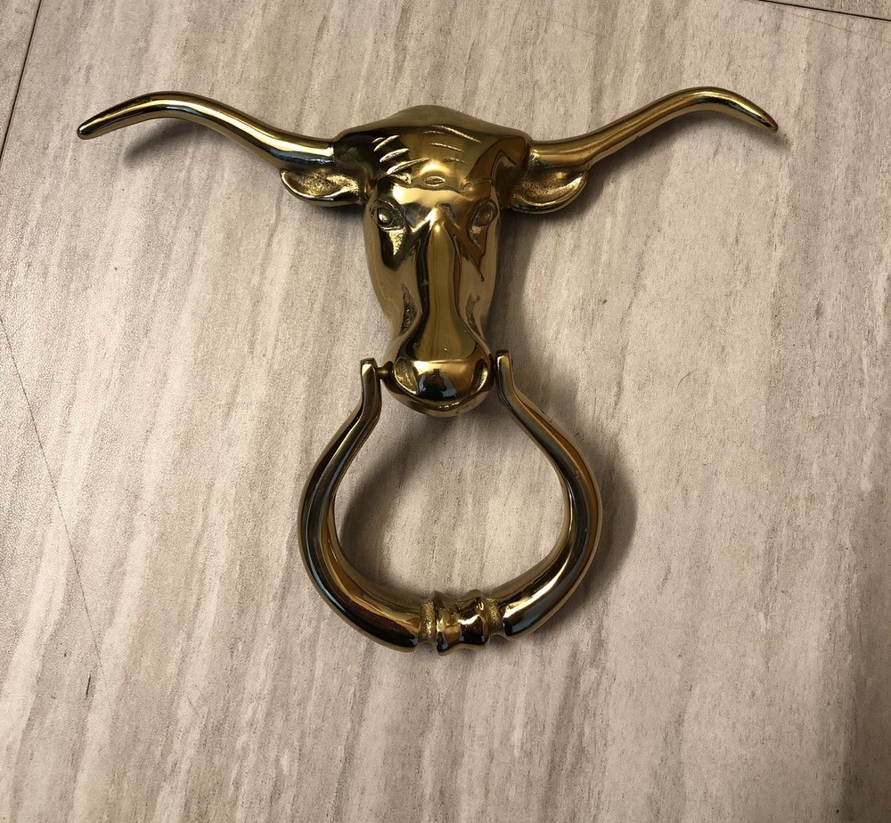 Rare CMC Solid Brass Longhorn Steer Head Door Knocker Handle VTG E854-2