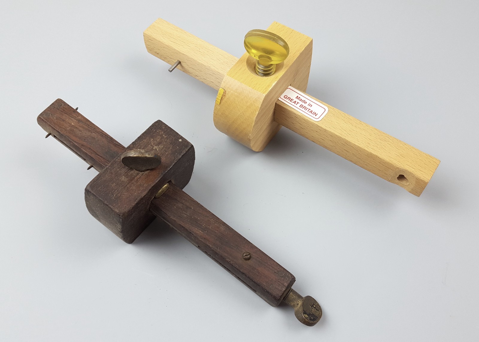 2 Vintage Wooden and Brass Marking Gauges Crown Tools etc