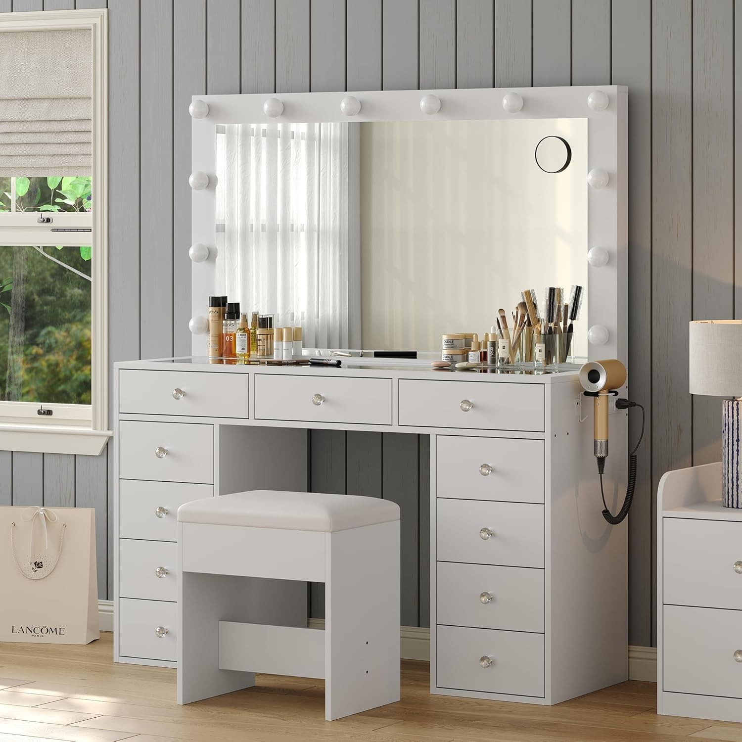 Vanity Desk with Mirror, Makeup Vanity 11 Drawers & Chair, White, Christmas Gift