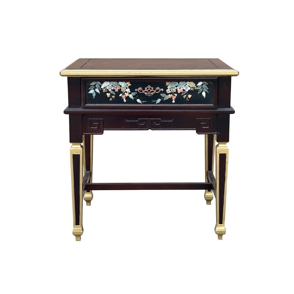 Vintage Chinese Rectangular Color Stone Flower Inlay Accent Side Table ws3583