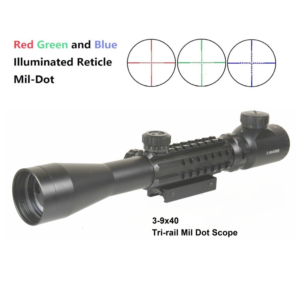 Tri-Rail 3-9x40 Red Green Blue Mil Dot Scope With Mount