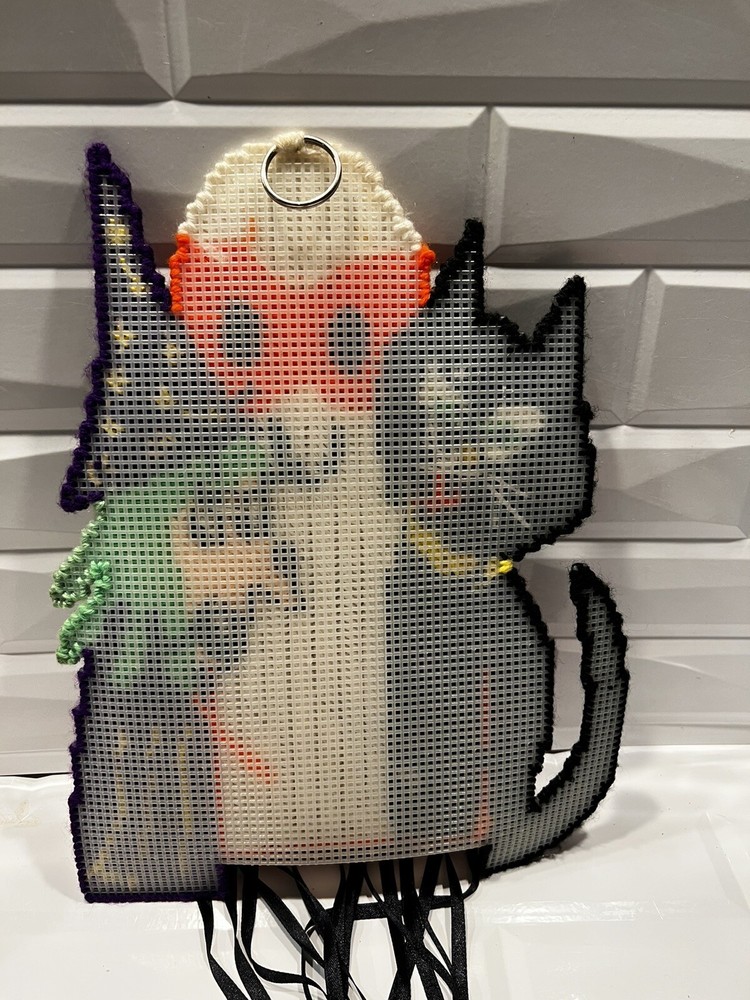 Vintage Completed Plastic Canvas Halloween Black Cat, Witch & Ghost Wall Decor