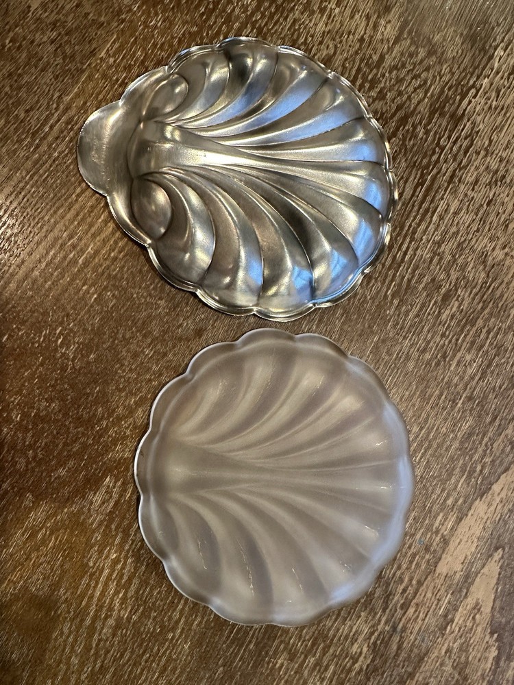 Vintage Sweden Silver Ashtray W/Frosted Glass Insert Shell Shaped Marked