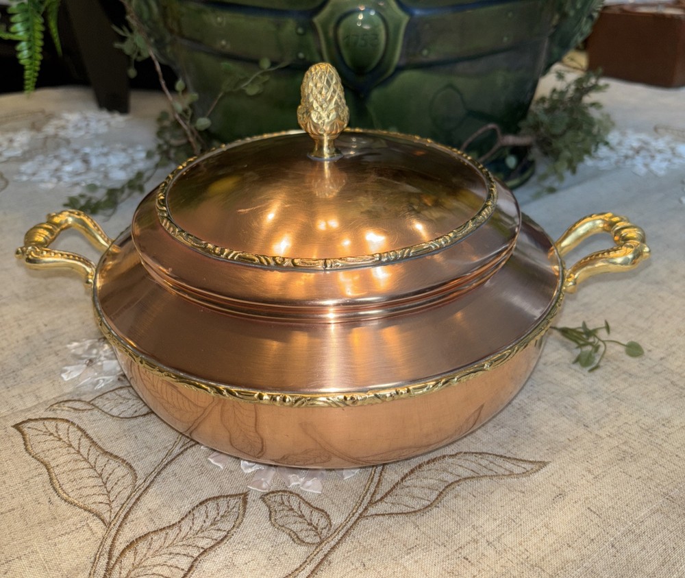 Solid Copper Serving Dish w/ Brass Pinecone Finial/Handles~Preowned
