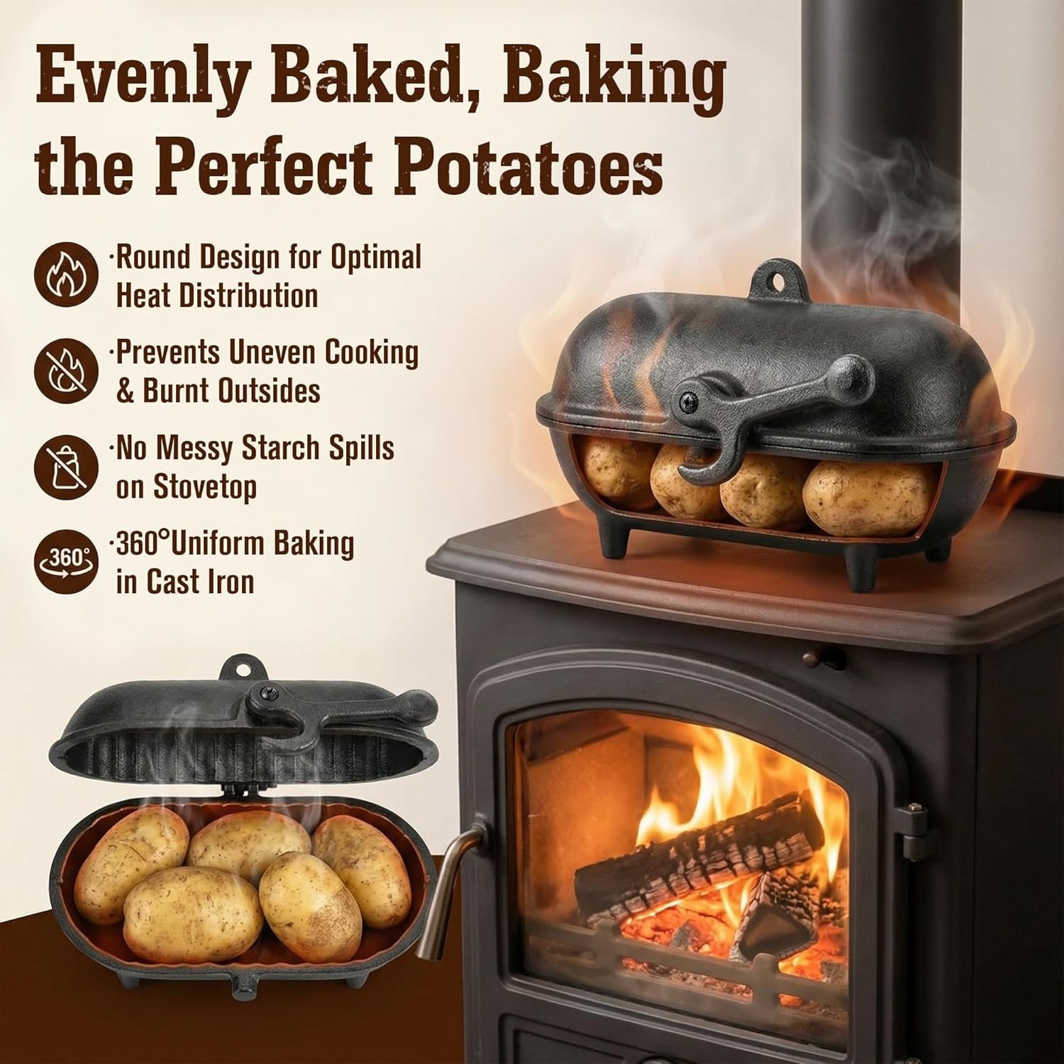 Cast Iron Baked Potato Cooker Latch Cast Iron Potato Roaster for Wood Burners
