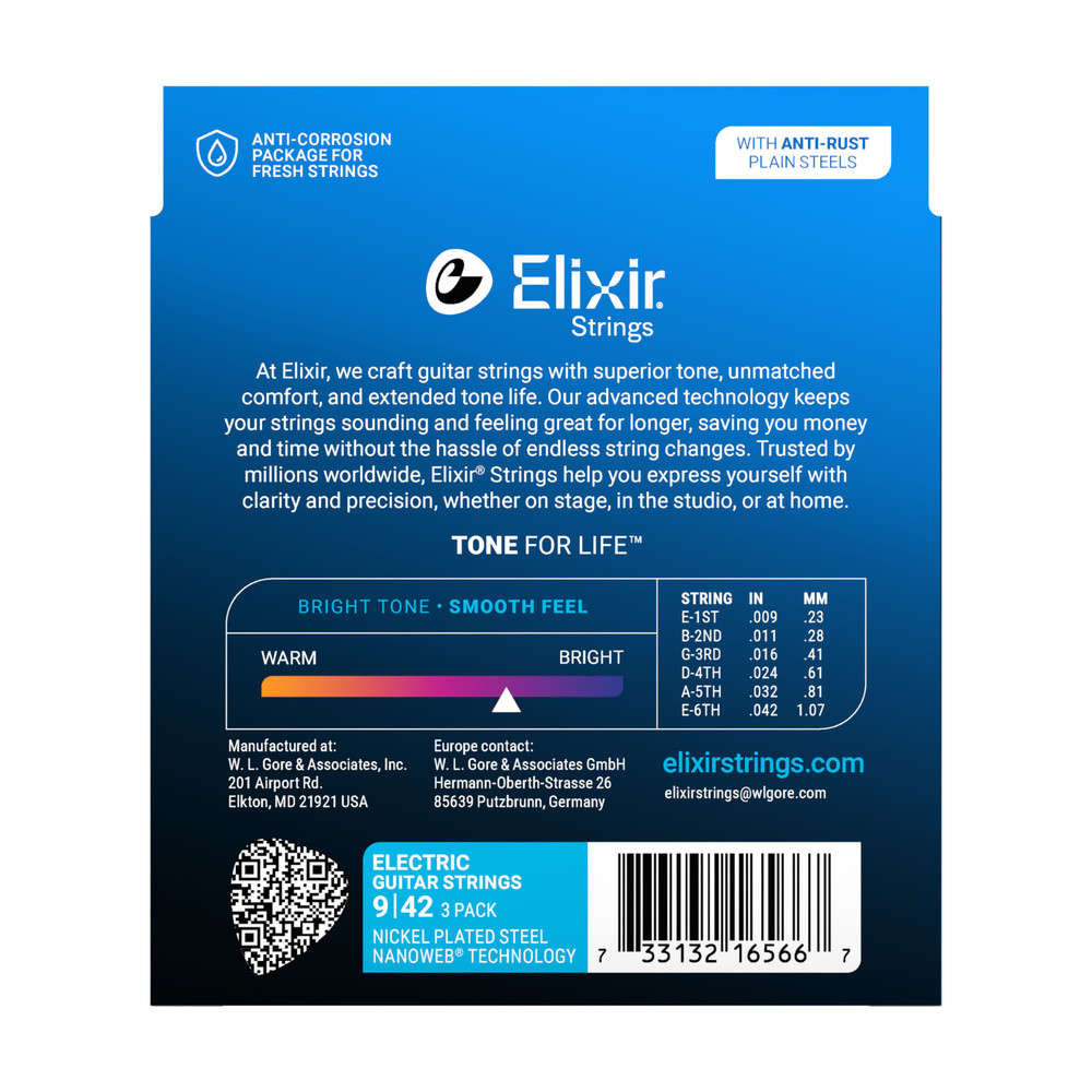 Elixir® 16566 Electric Guitar Strings w/ NANOWEB® Technology gauges 9-42; 3-Pack