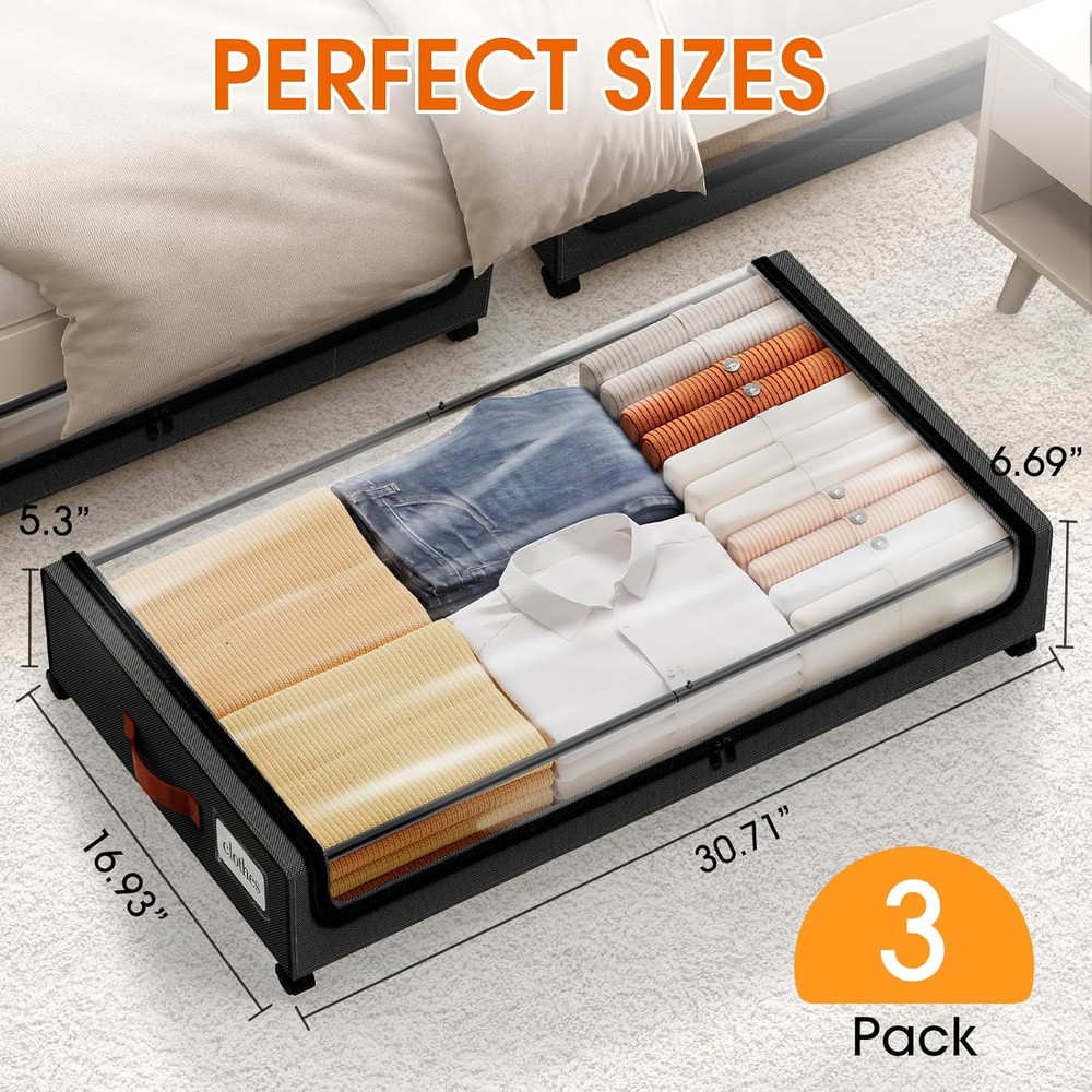Under Bed Storage with Wheels 3Pack Storage Containers with Clear Window&Label u