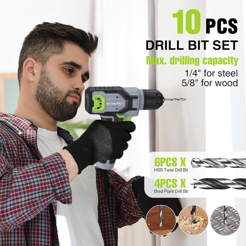 WORKPRO Power Drill Set with Stackable Tool Box, 8V Cordless Grey