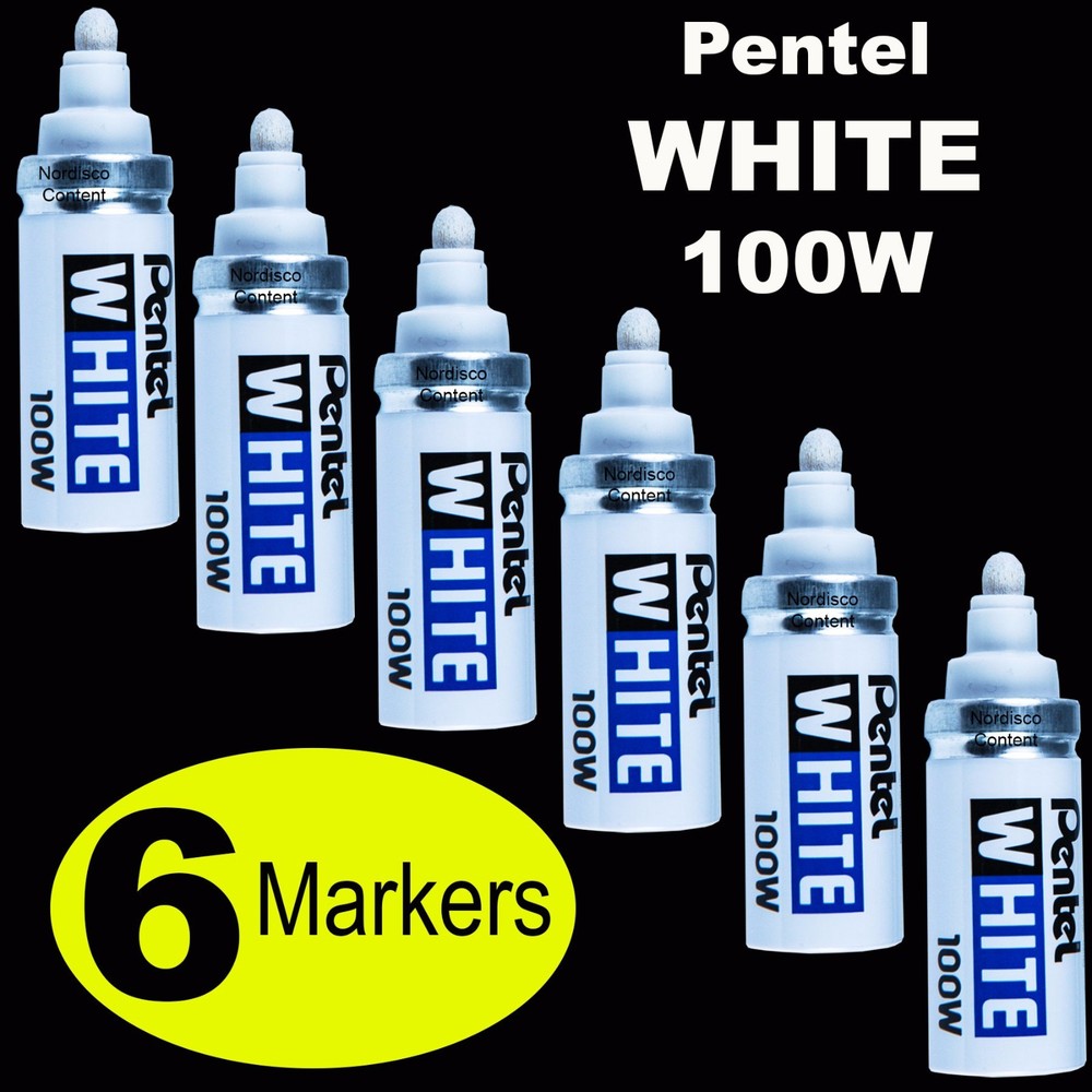 6 Each, Pentel White 100W Marker, Bold Point, Permanent Ink