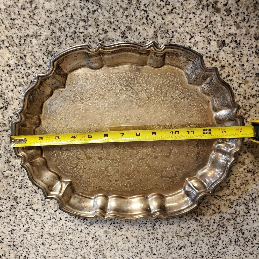 Vintage Ornate Silverplate Serving Tea Tray Footed Scalloped Oval 14" Silver