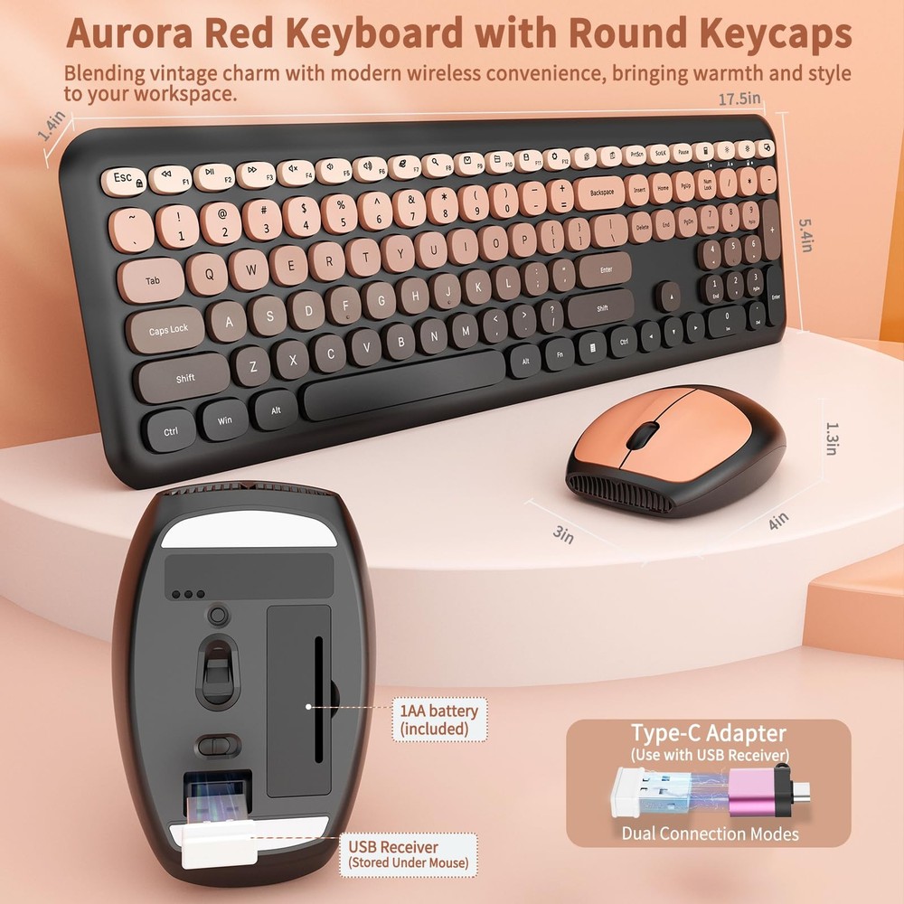 Wireless Keyboard Mouse Combo FullSize Retro Typewriter Round Keycaps Red Set
