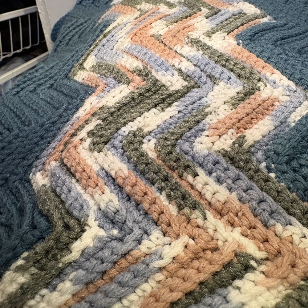 Vintage Crocheted Chevron Pattern Throw Blanket 83”x33” Handmade Afghan