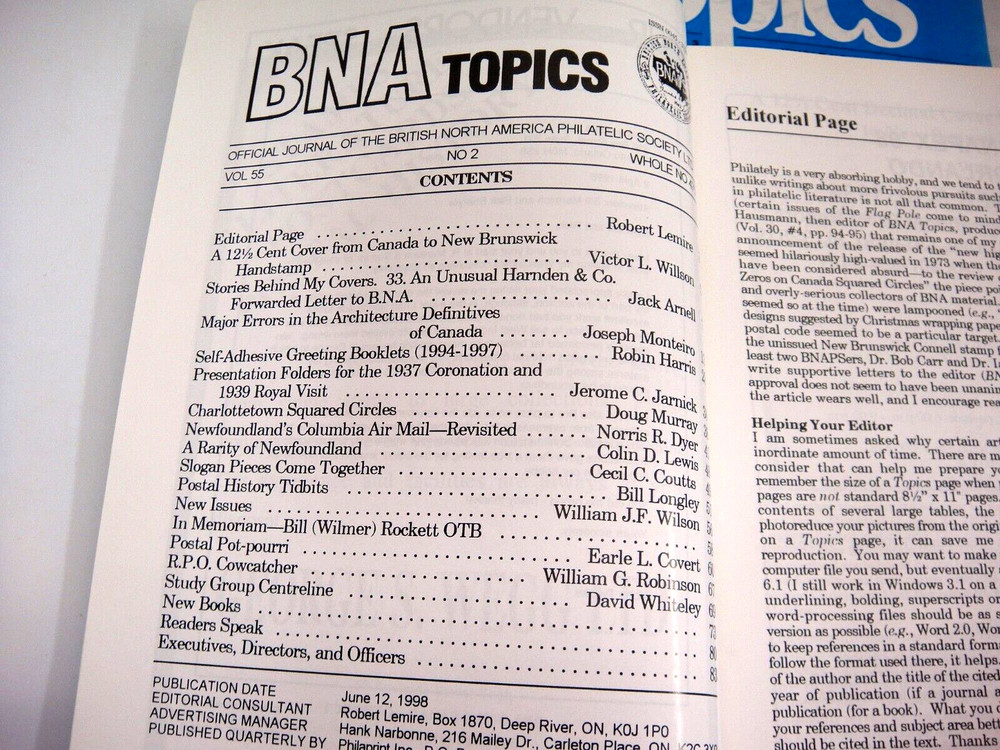 BNA Topics Second Third Fourth Quarter 1998 3 BNAPS Journals Canadian Philately