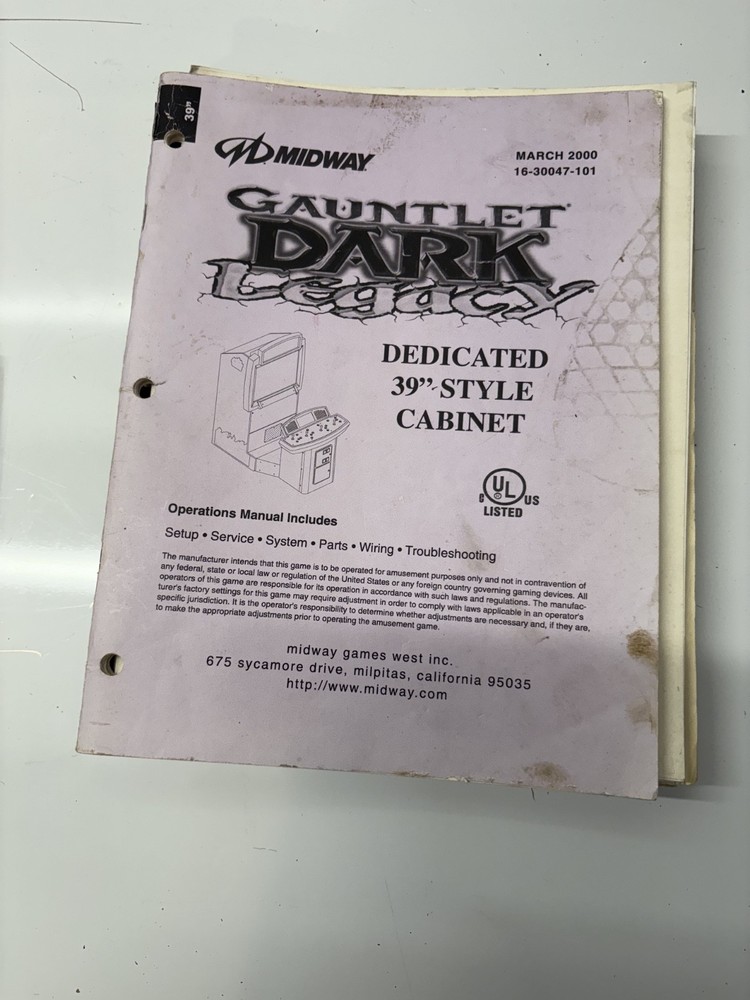 Original Gauntlet dark legacy arcade manual