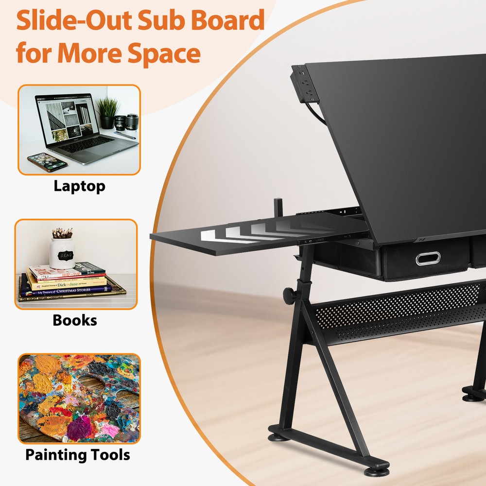 Drafting Desk Drawing Table Adjustable w/ Stool Arts & Charging Station Black