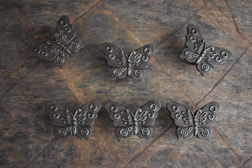 Iron door knobs Vintage Butterfly cabinet drawer handles pull rustic hardwr 6pc