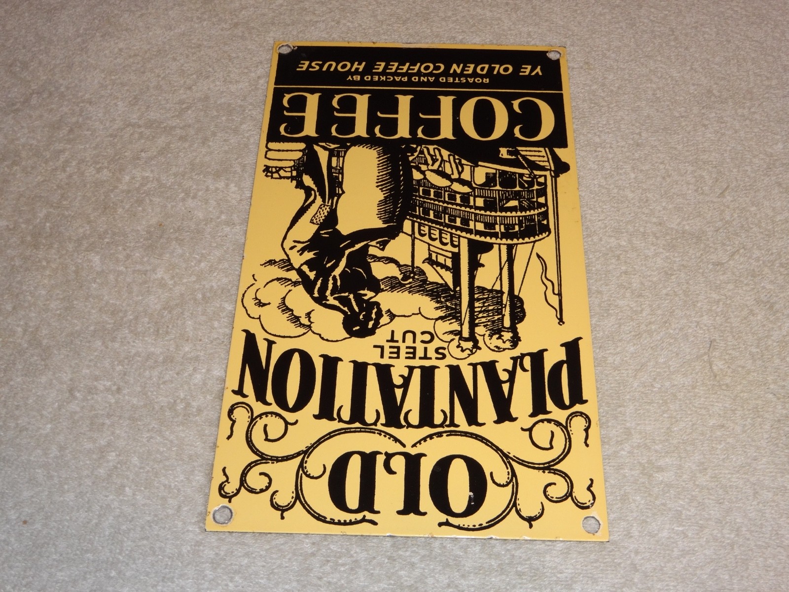 VINTAGE OLD PLANTATION COFFEE W/ PADDLE BOAT 10.5" PORCELAIN METAL GASOLINE SIGN