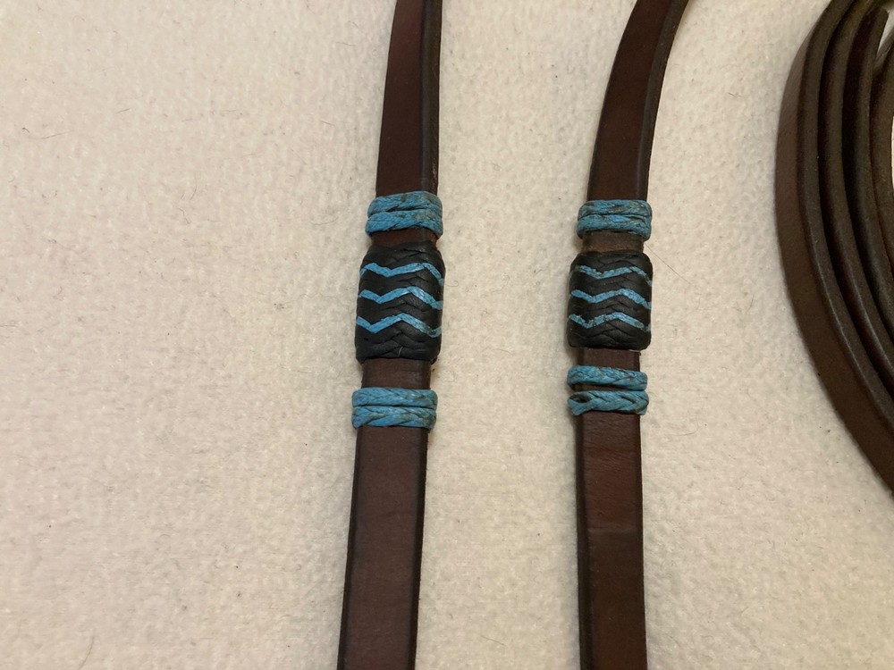 Supple Harness Leather Split Reins with Blue/Black Rawhide and Waterloop Ends
