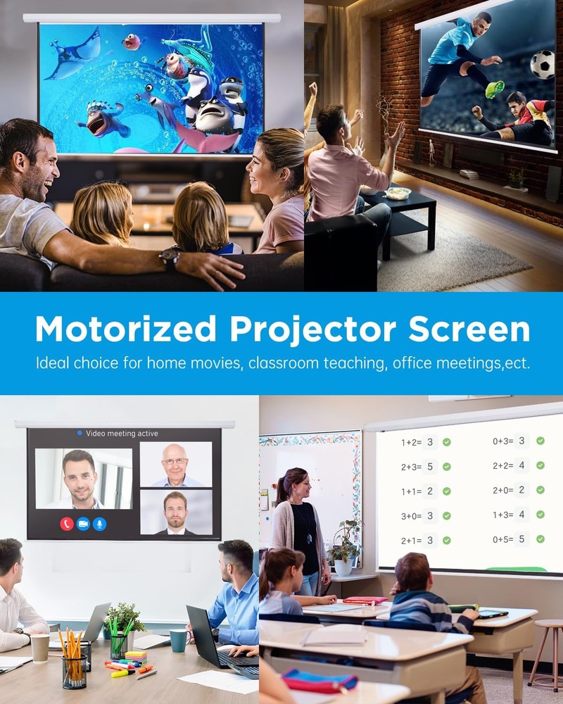 Electric Projector Screen 100 Inch with Remote Control Ceiling Mount Hooks, P...
