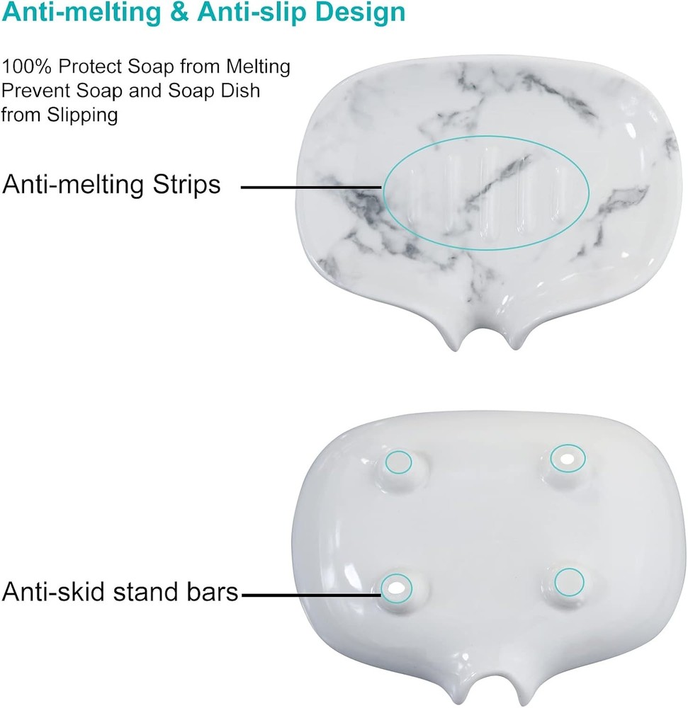 White Marble Texture Soap Dish Ceramic Holder Self Draining