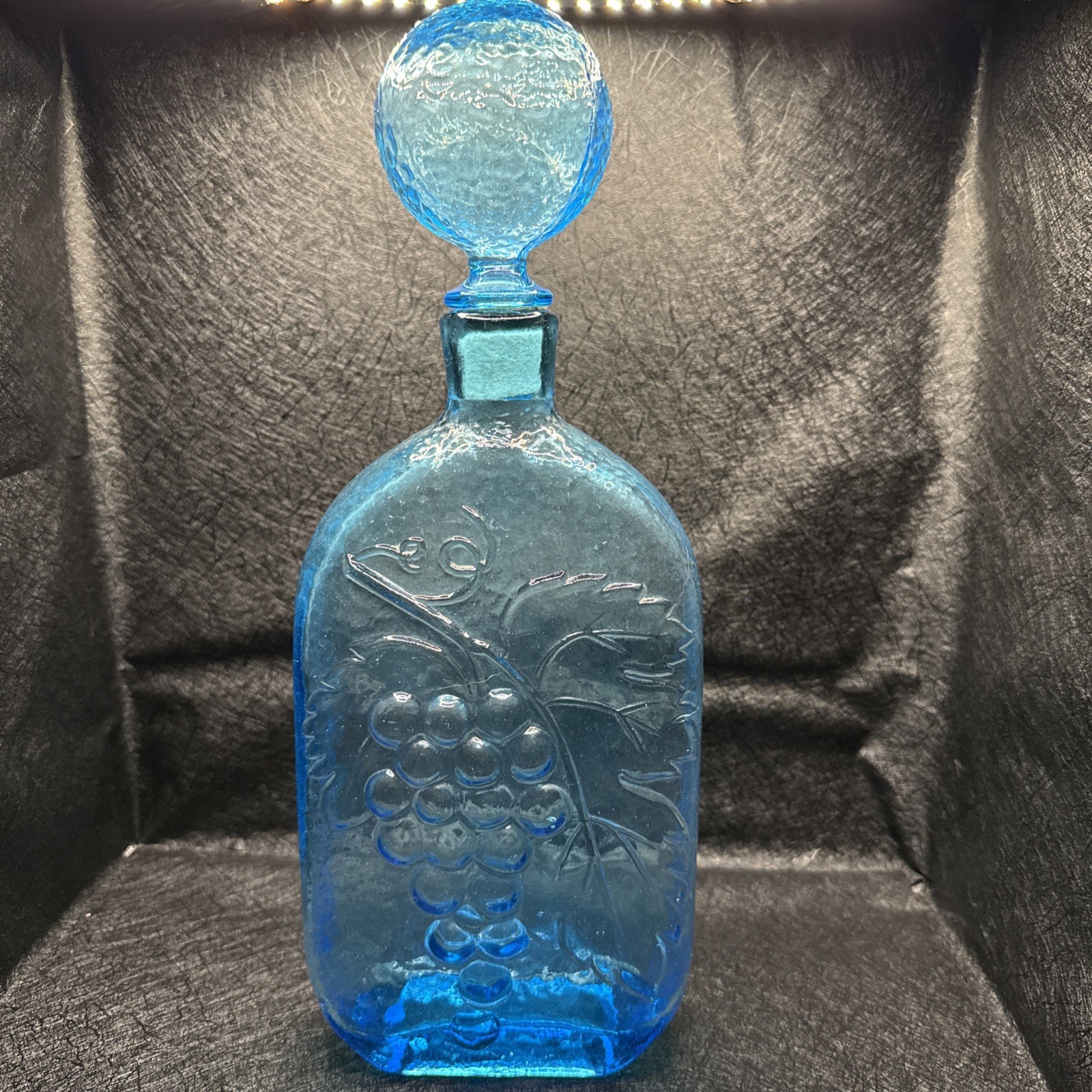 Blue Vintage MCM Italian Glass Wine Bottle /Decanter Grapes Leaves 11.25”