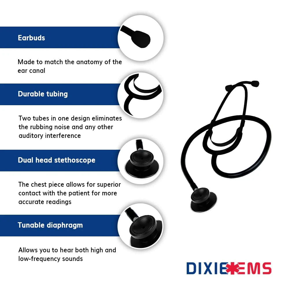 Dual Head Stethoscope for Doctors Nurses EMTs EverDixie - Stealth Black