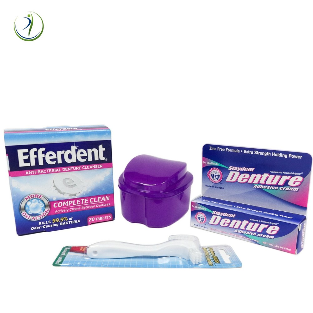 Denture Cleaning Kit Tablet Cleaner Tablets Bath Case Brush Adhesive Cream Scope