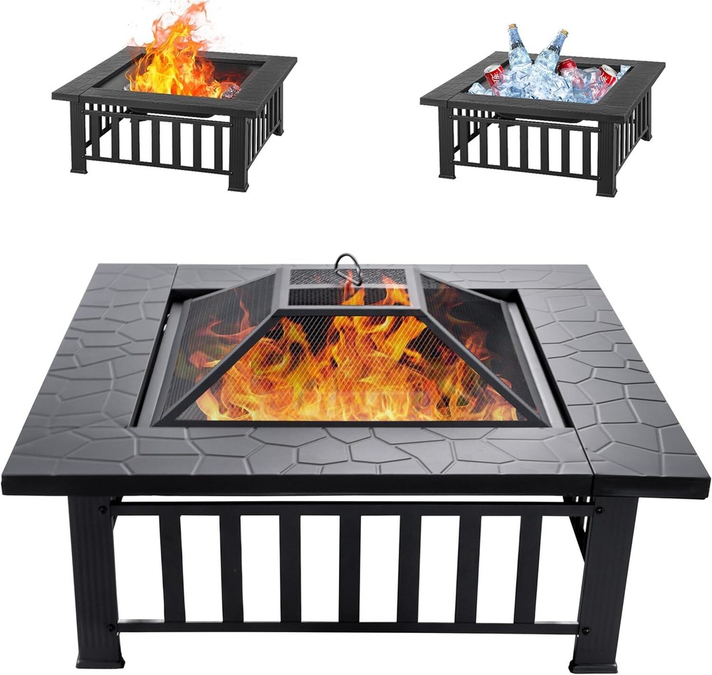 32 inch Fire Pit, Square Outdoor Fire Pit Table with Spark Screen & Fire Poker,