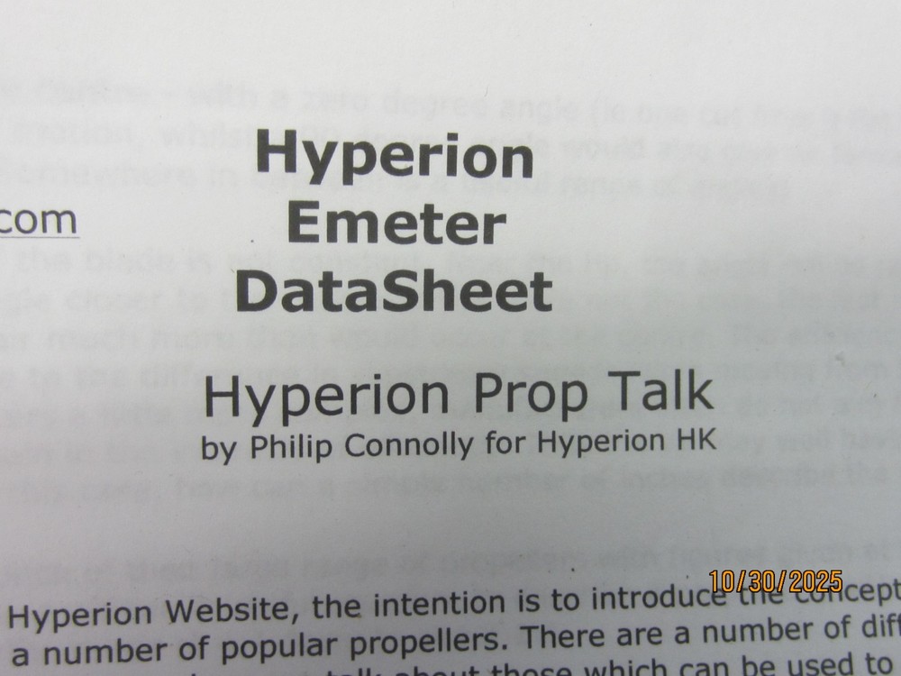 HYPERION EMETER, VOLTMETER, AMMETER, TACH, PROP CONSTANTS/EFFICIENCY ETC., USED