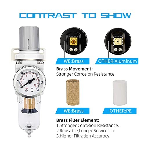 Compressed Air Filter Regulator 1/4" NPT Semi-Auto Drain, Metal Coupler&Plug