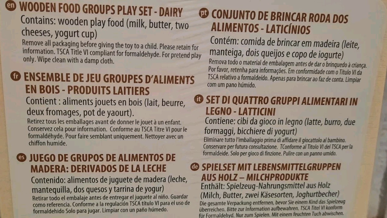 Melissa & Doug Dairy Food Group Wooden Playset~Milk, Butter, 2 Cheeses, Yogurt