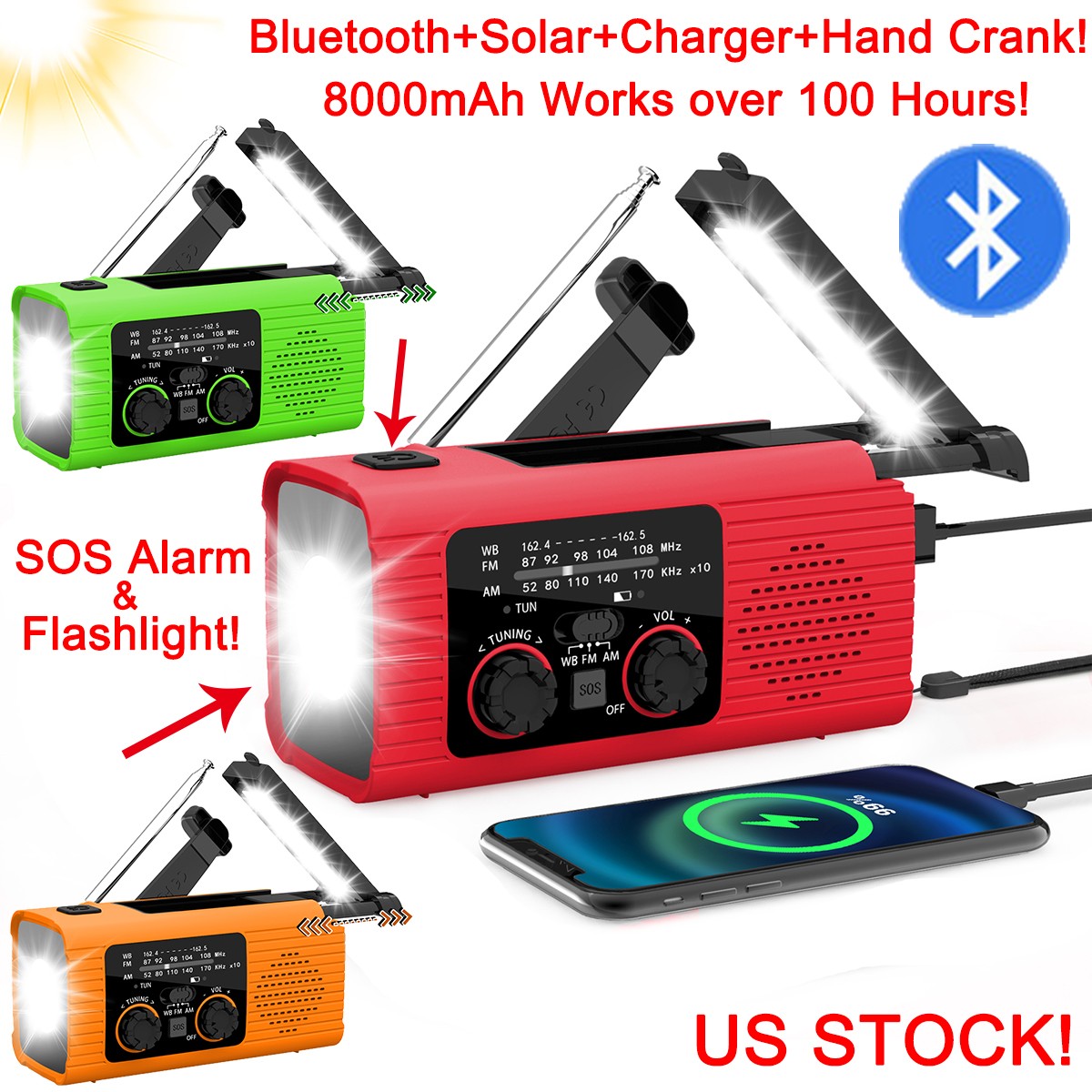80000mAh Emergency Solar Hand Crank Weather Radio Power Bank AM/FM Charger Light
