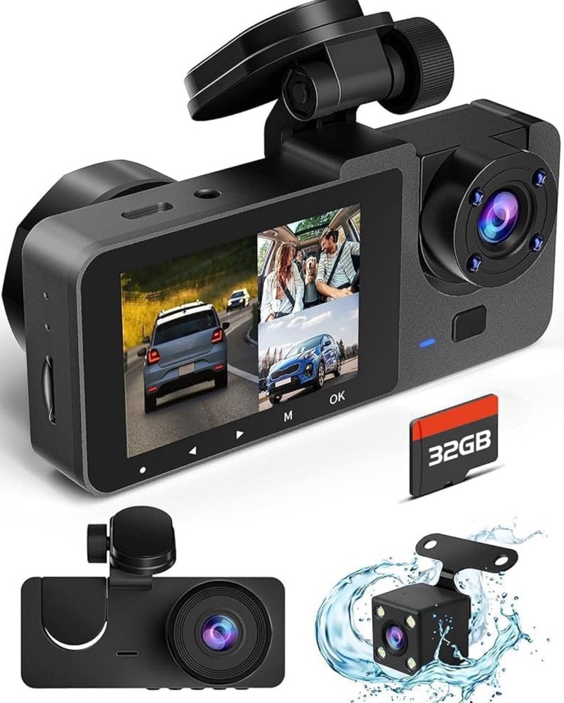 4K triple dash cam with front, rear, cabin view; 32GB card, loop rec, G-sensor