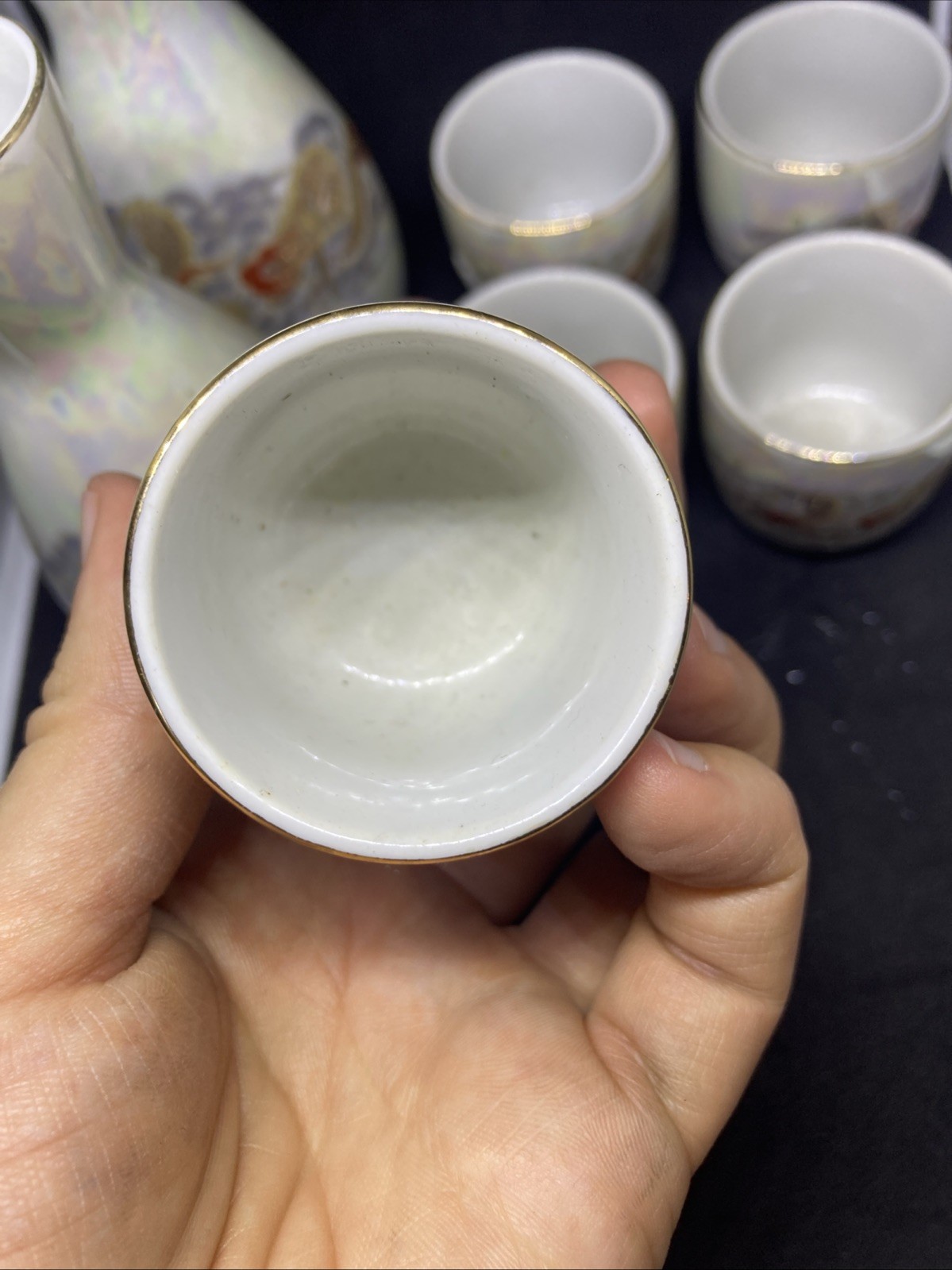 Japanese Fuji Ceramic Sake Set White Golden Drago Gold Trim 7 Piece Set