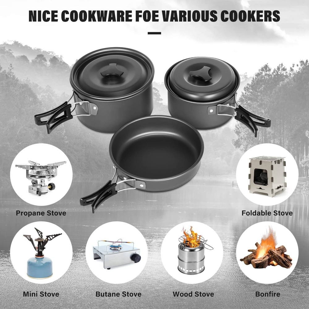 Lixada 10pcs Camping Cookware Mess Kit, Non-Stick Lightweight Stackable Pot P...