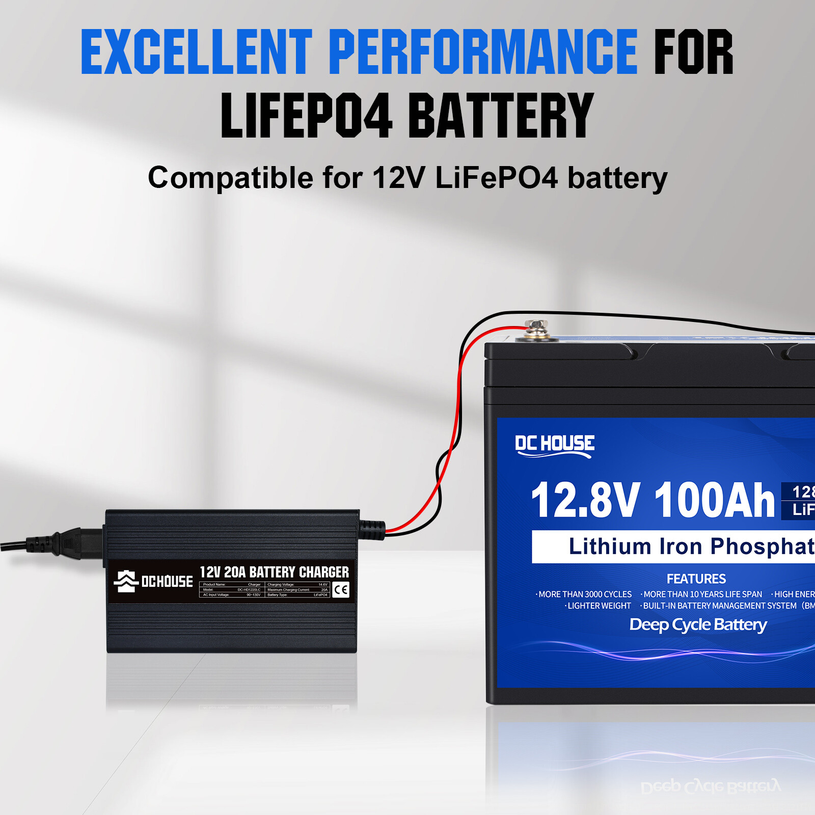 20-Amp 20A Smart Charger for Lithium Iron Phosphate (LiFePO4) Battery 12V 14.6V