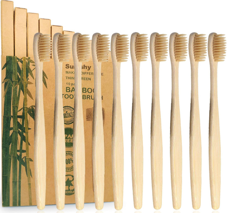 Bamboo Toothbrushes 10 Pack Biodegradable Soft Medium Charcoal Bristles
