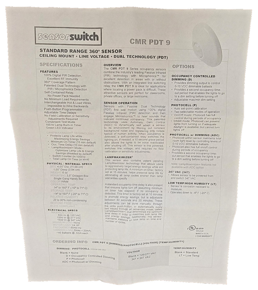 Acuity Sensor Switch CMR PDT 9 360º Ceiling Mount PDT 184CHA